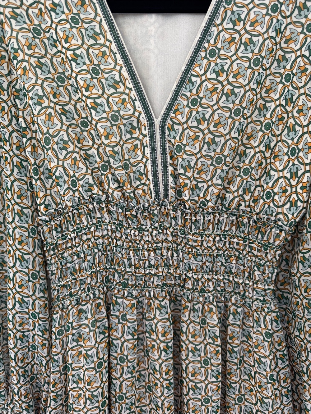 Max Studio Green and Cream Printed Smocked-Waist V-Neck Dress - Size XS - Picture 5 of 8